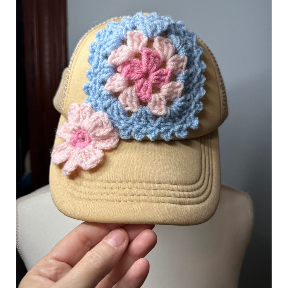 Custom Crochet Granny Square Flower Trucker Hat Tan Blue Pink Snapback Cap